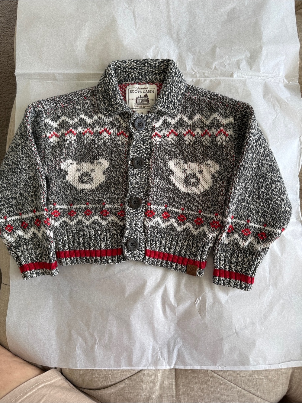 Kids Grey Polar Bear Knit Cardigan with Red Trim